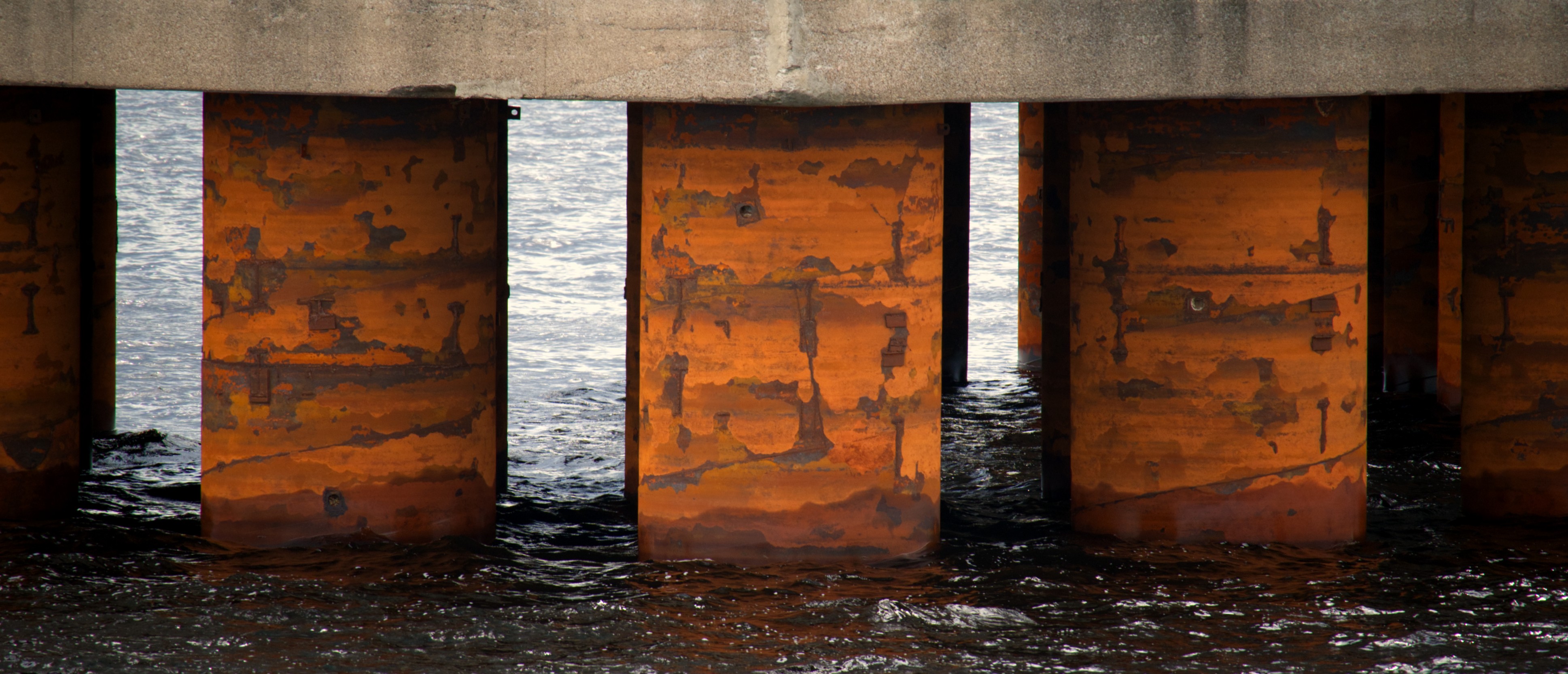 Support pillars of the Rio Negro Bridge extend into the river, designed to withstand continuous flow and seasonal variation in water level. Their vertical form allows water to pass around them with limited obstruction, reducing pressure from current and debris in a channel where depth and volume fluctuate throughout the year.